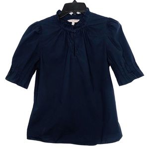 Rebecca Taylor Blouse Short Sleeve Ruffle Neck Pleated Cotton Poplin Blue Size 2